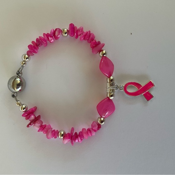 Hand Crafted Pink Breast Cancer Awareness Charm Bracelet Silver Magnetic Clasp - Picture 3 of 7